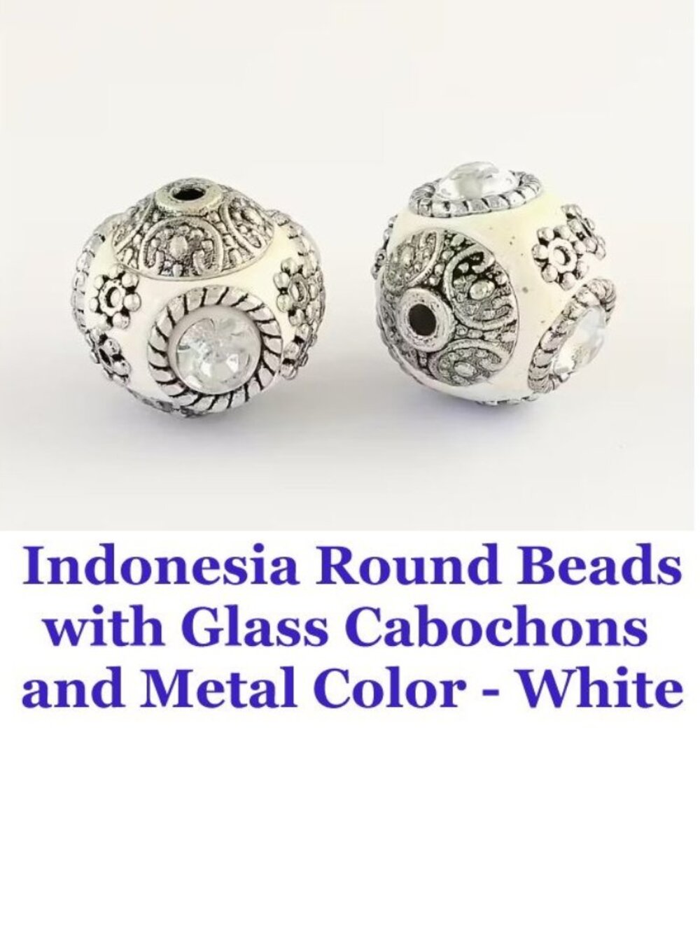2 Indonesia Round Beads, with Glass Cabochons and Metal Color  White